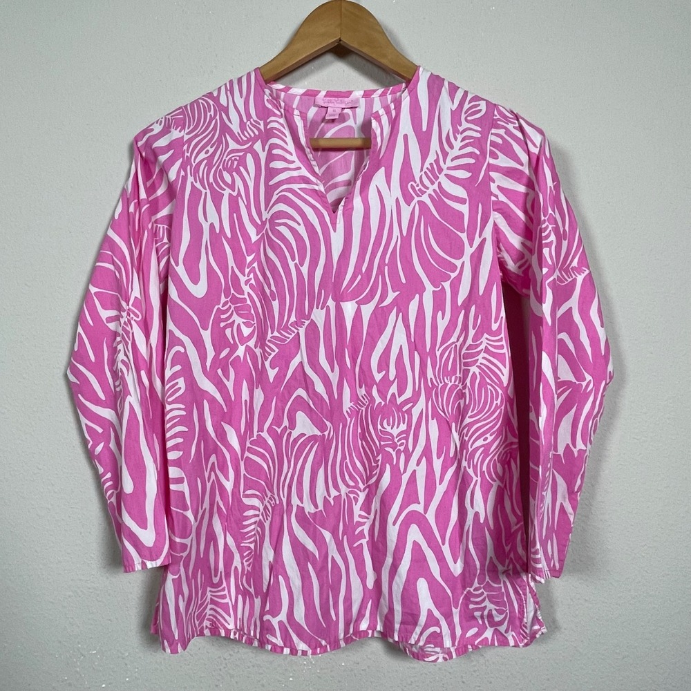 Lilly Pulitzer Tunic Top Women XL Pink White Zebra Print Cotton V-Neck Preppy